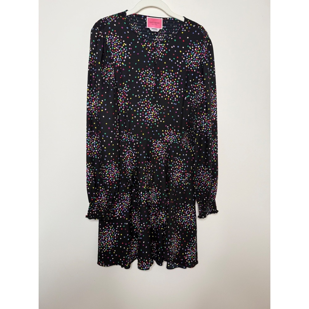 Kate Spade Women's 12 Black Cheerful Confetti Smocked Long Sleeve Dress NWOT